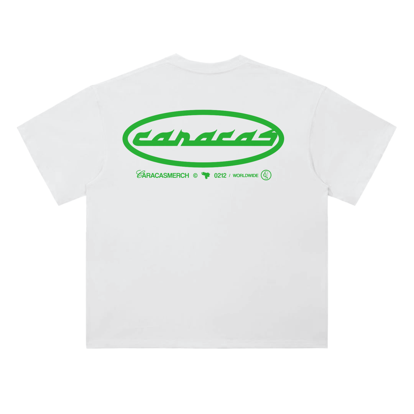 Back view of white caracas archives graphic t-shirt