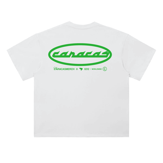 Back view of white caracas archives graphic t-shirt