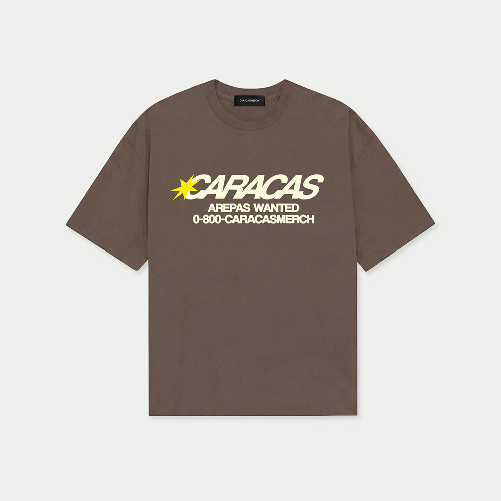 Front view of Caracas arepas wanted coffee graphic t-shirt by Caracas Merch