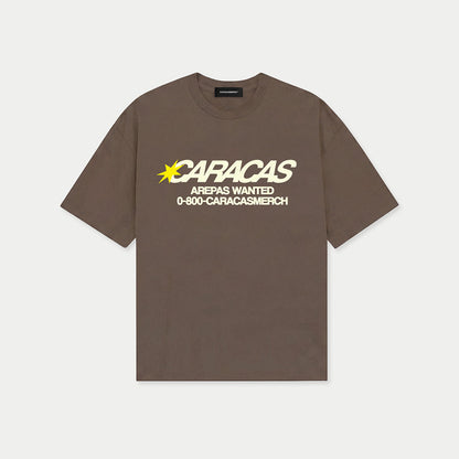 Front view of Caracas arepas wanted coffee graphic t-shirt by Caracas Merch