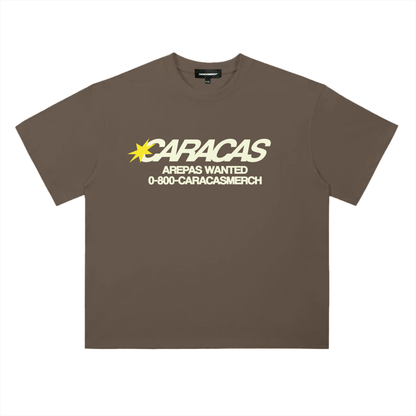 Front view of Caracas arepas wanted coffee graphic t-shirt by Caracas Merch