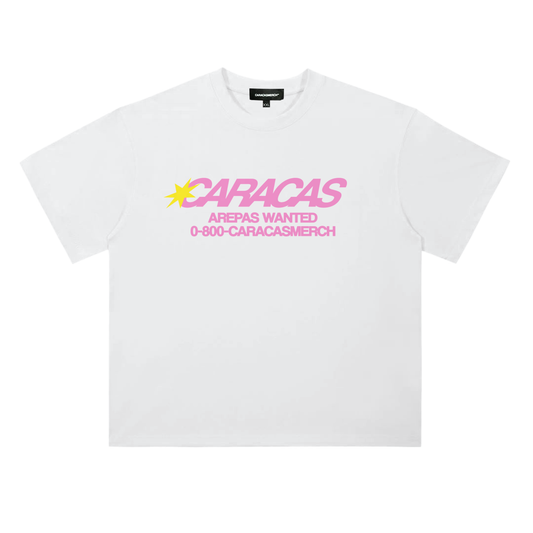 Front view of Caracas arepas wanted white graphic t-shirt by Caracas Merch