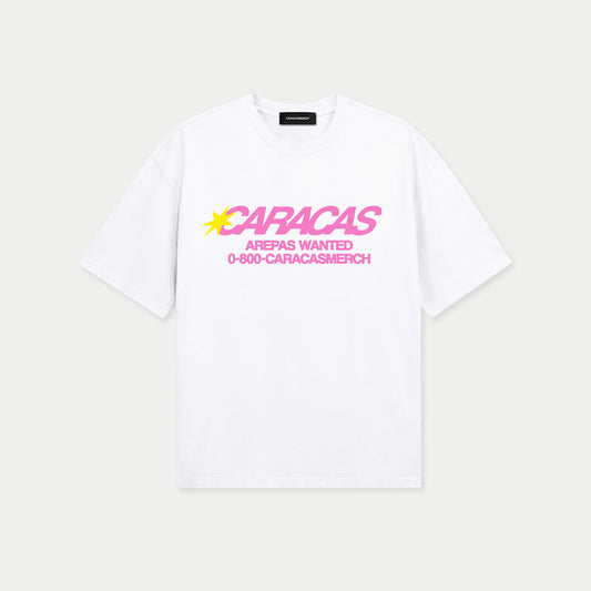 Front view of Caracas arepas wanted white graphic t-shirt by Caracas Merch