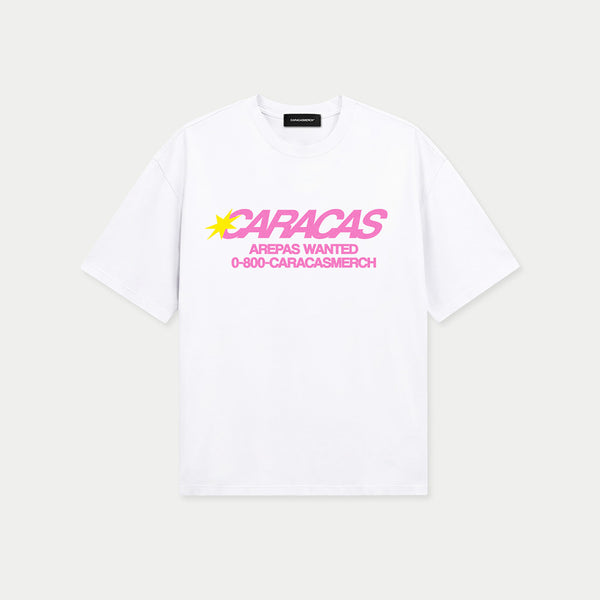 Front view of Caracas arepas wanted white graphic t-shirt by Caracas Merch