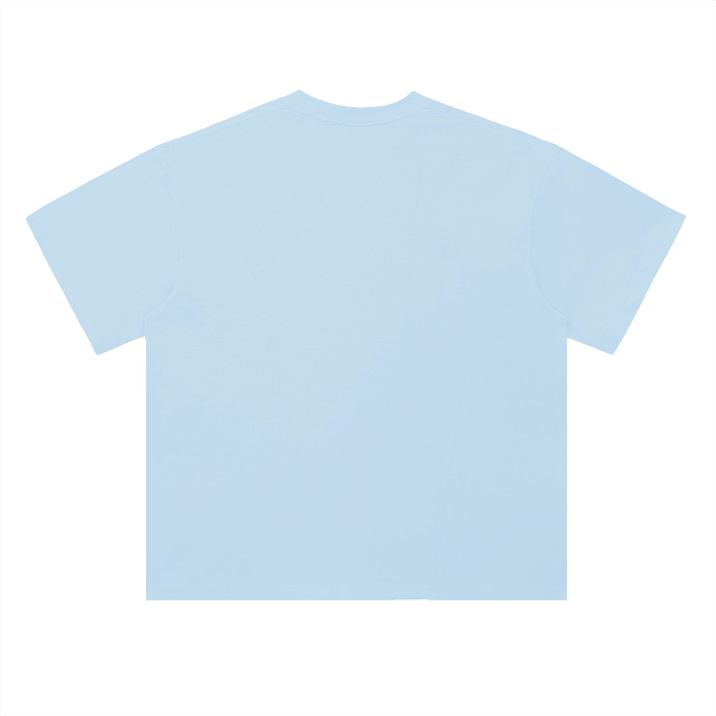 Light blue oversized t-shirt back view with collage-style graphic featuring paint palette, brushes, and vintage classroom images with “Caracas” text – Caracas Merch