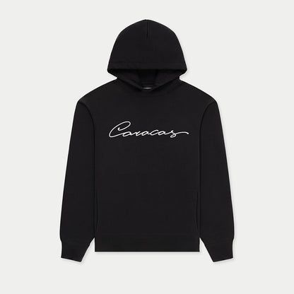 Black Caracas Merch hoodie with white script logo on front
