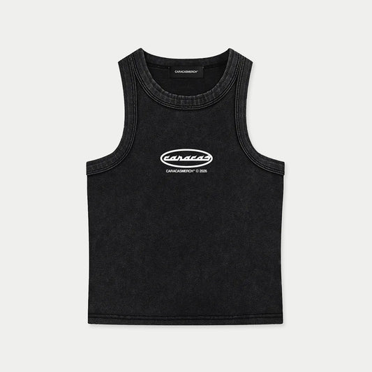 Black Caracas graphic tank top front view
