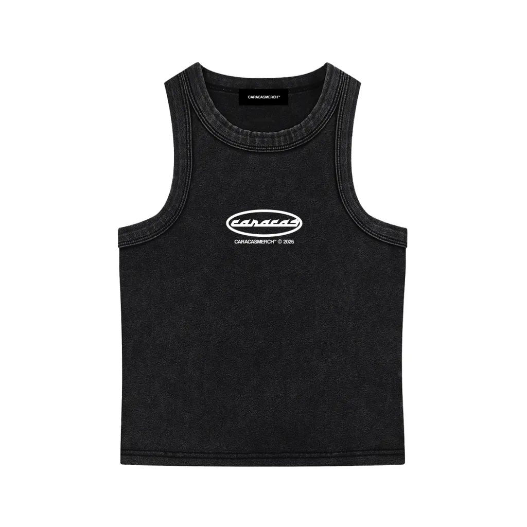 Black Caracas graphic tank top front view