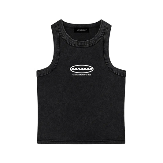 Black Caracas graphic tank top front view