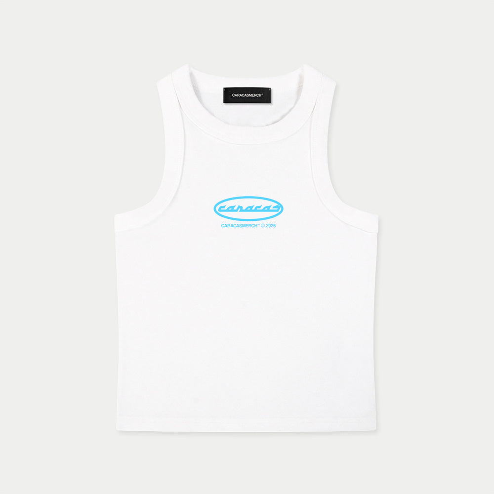 White tank top with blue Caracas logo by Caracas Merch