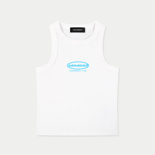 White tank top with blue Caracas logo by Caracas Merch