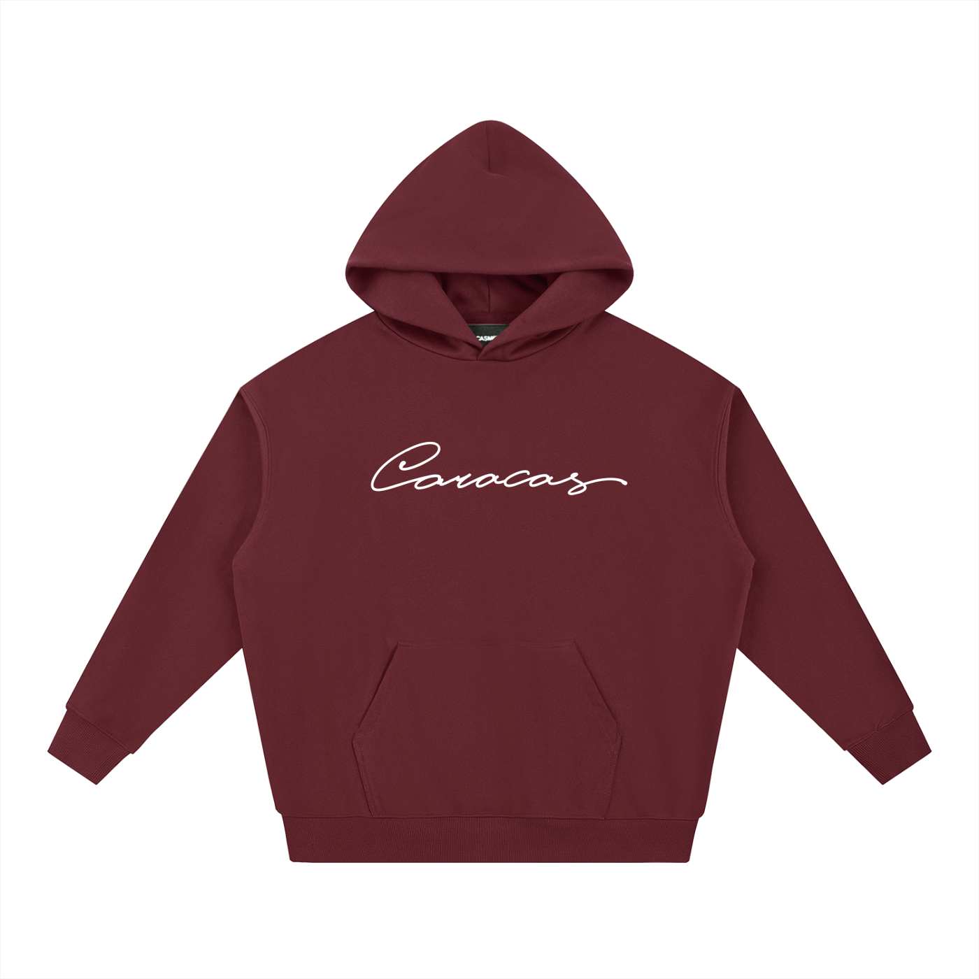 Caracas burgundy hoodie with script logo by Caracas Merch