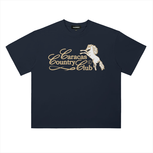 Front view of caracas country club navy graphic t-shirt by Caracas Merch