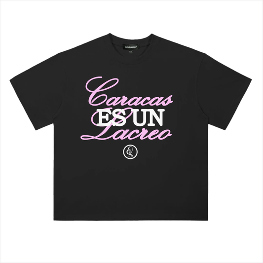 Front view of caracas es un lacreo black graphic t-shirt by Caracas Merch