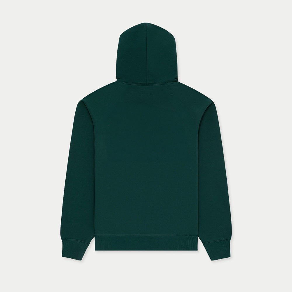 green Caracas Merch hoodie with white script logo on front back view