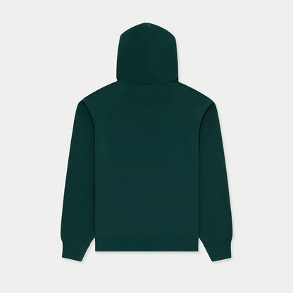 green Caracas Merch hoodie with white script logo on front back view