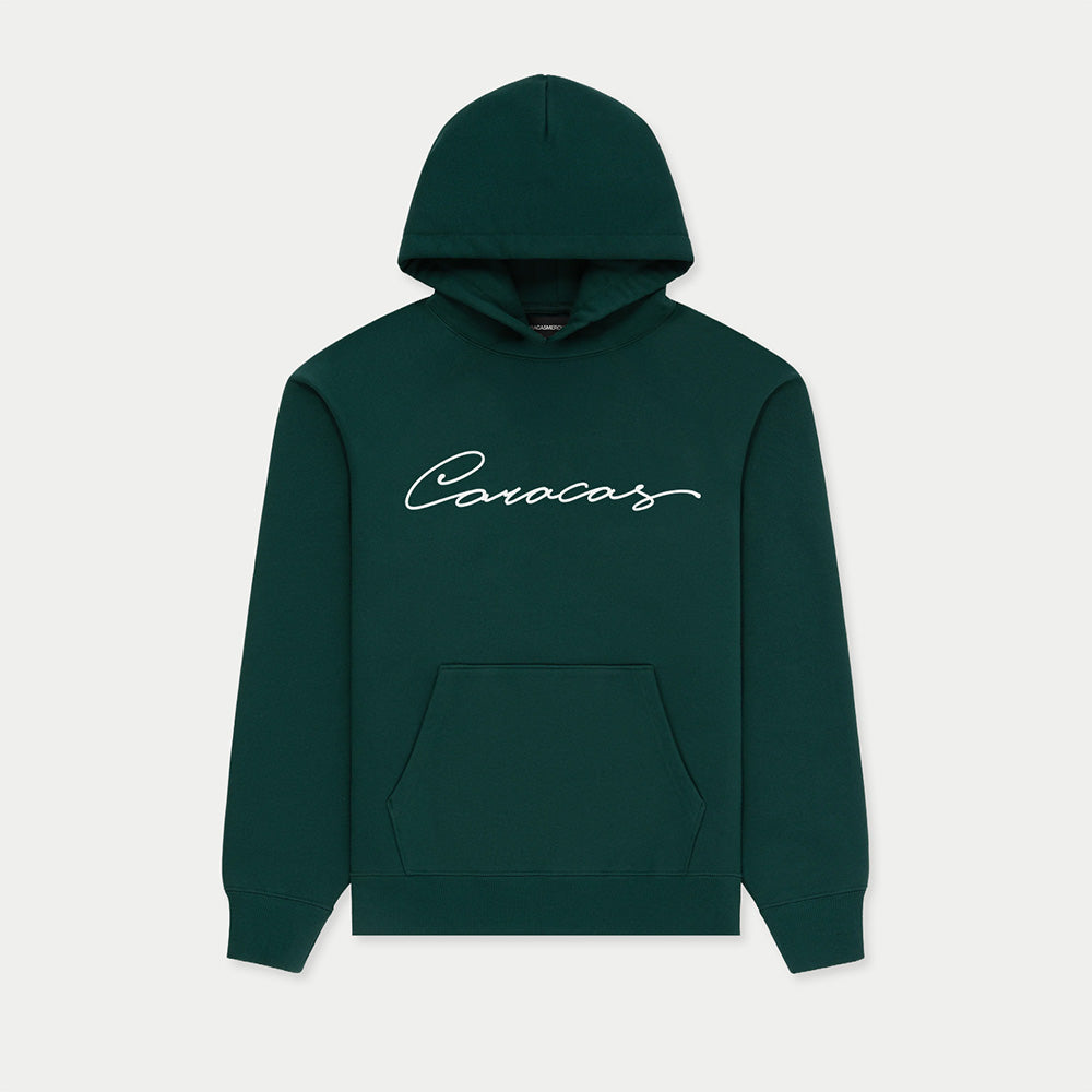 green Caracas Merch hoodie with white script logo on front