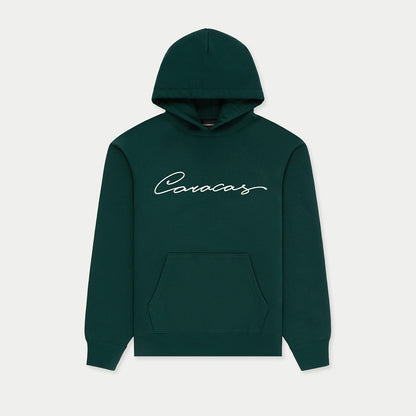 green Caracas Merch hoodie with white script logo on front