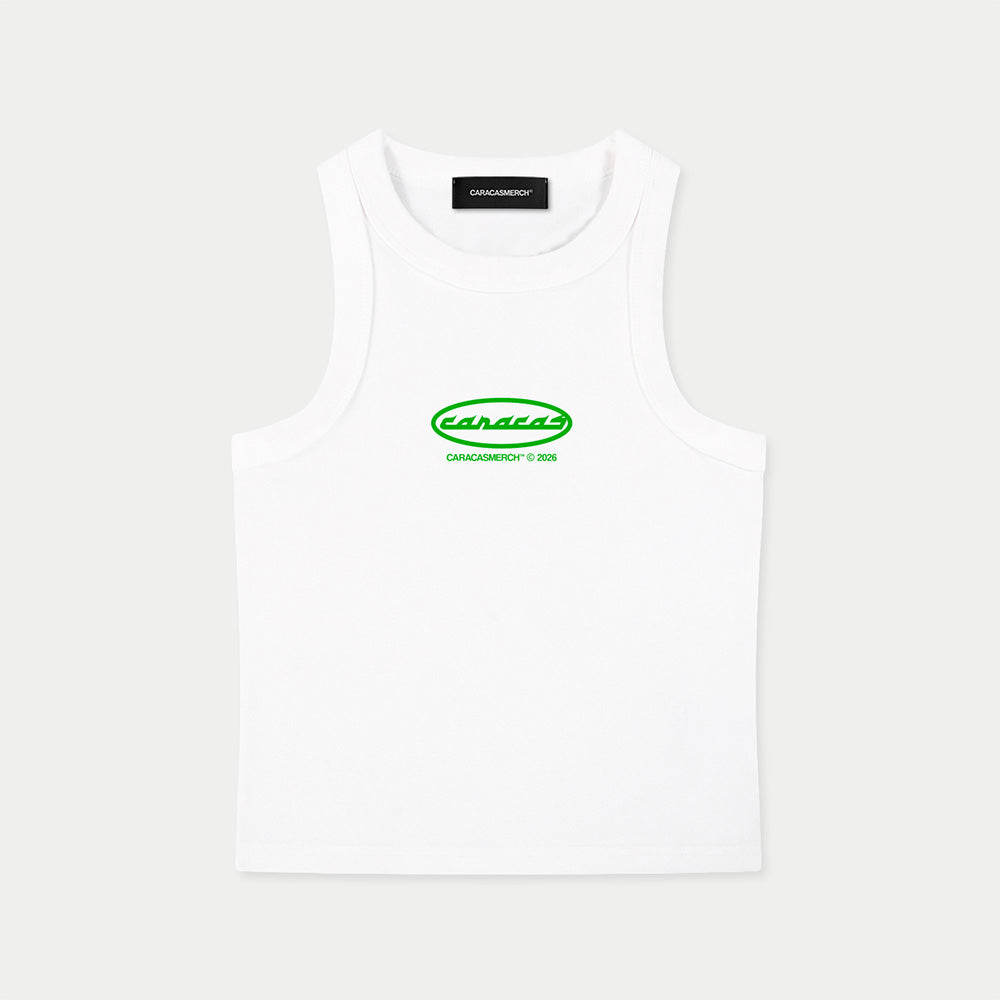 Front view of white sleeveless tank top with green Caracas logo print