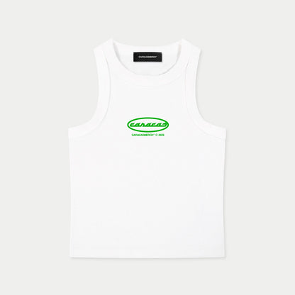 Front view of white sleeveless tank top with green Caracas logo print