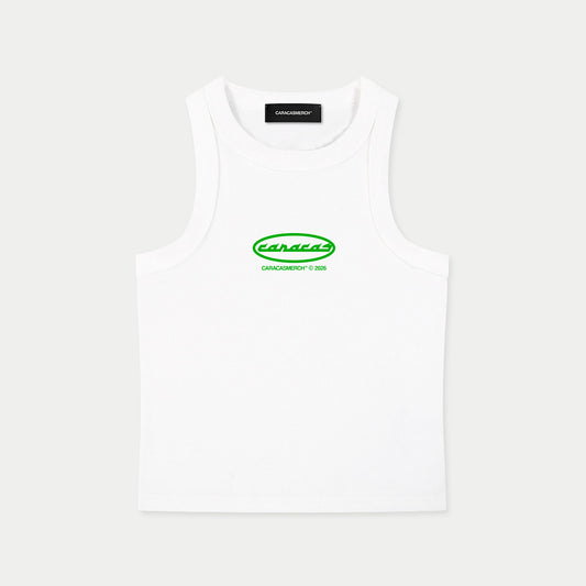 Front view of white sleeveless tank top with green Caracas logo print