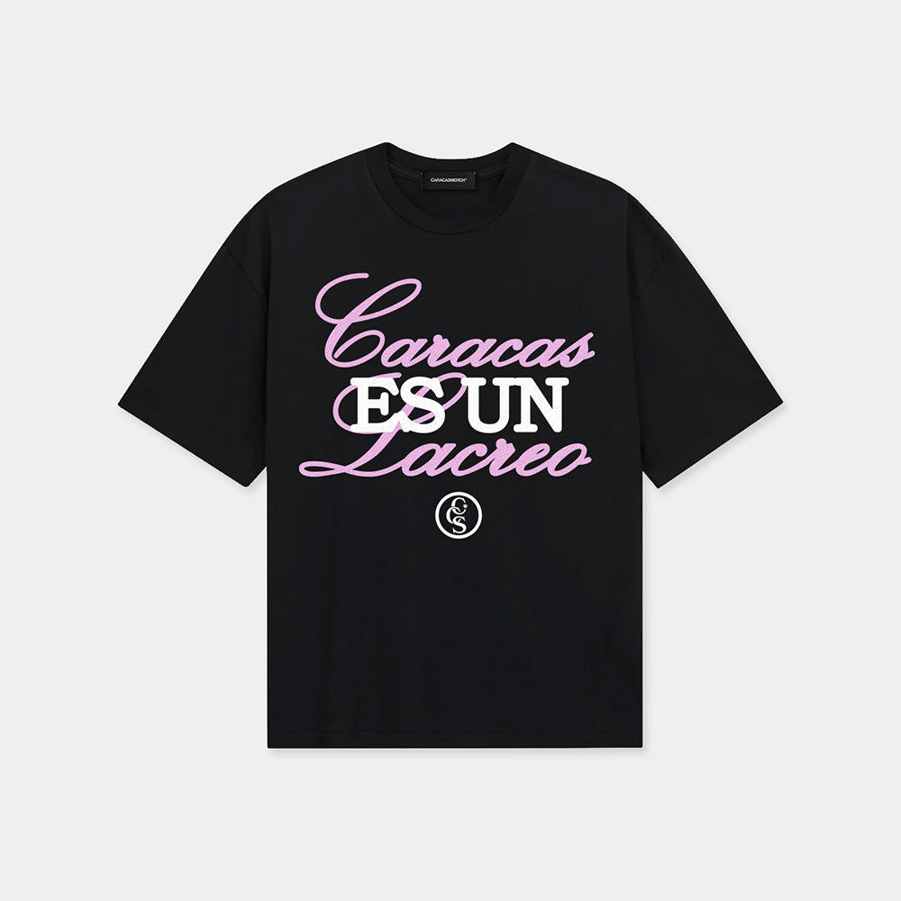 Front view of caracas es un lacreo black graphic t-shirt by Caracas Merch