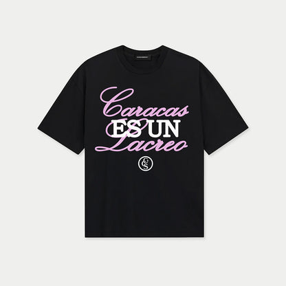 Front view of caracas es un lacreo black graphic t-shirt by Caracas Merch