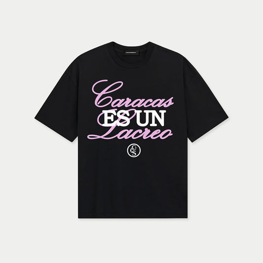 Front view of caracas es un lacreo black graphic t-shirt by Caracas Merch