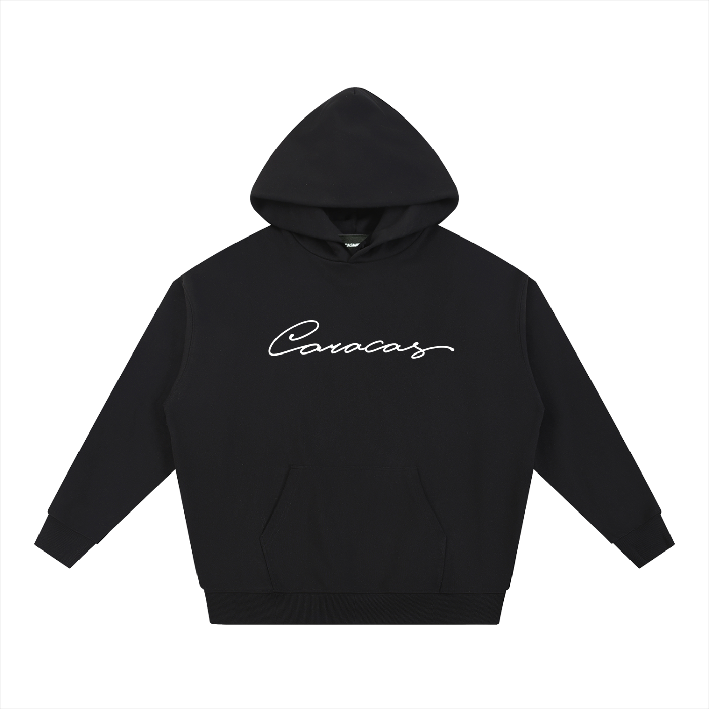 Black Caracas Merch hoodie with white script logo on front