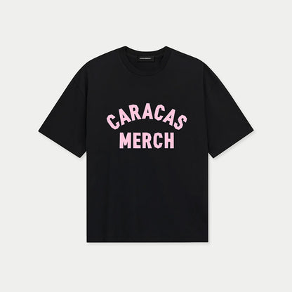 Black oversized Caracas Merch t-shirt with arched pink logo at front, front view