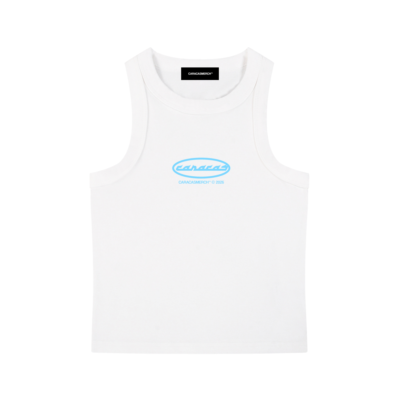 White tank top with blue Caracas logo by Caracas Merch