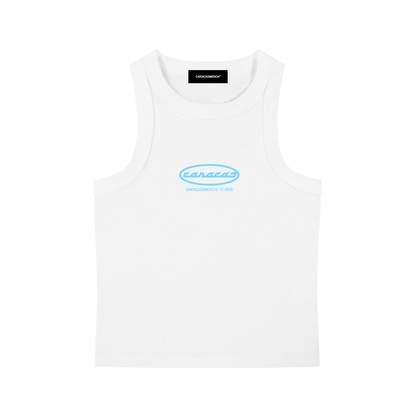 White tank top with blue Caracas logo by Caracas Merch