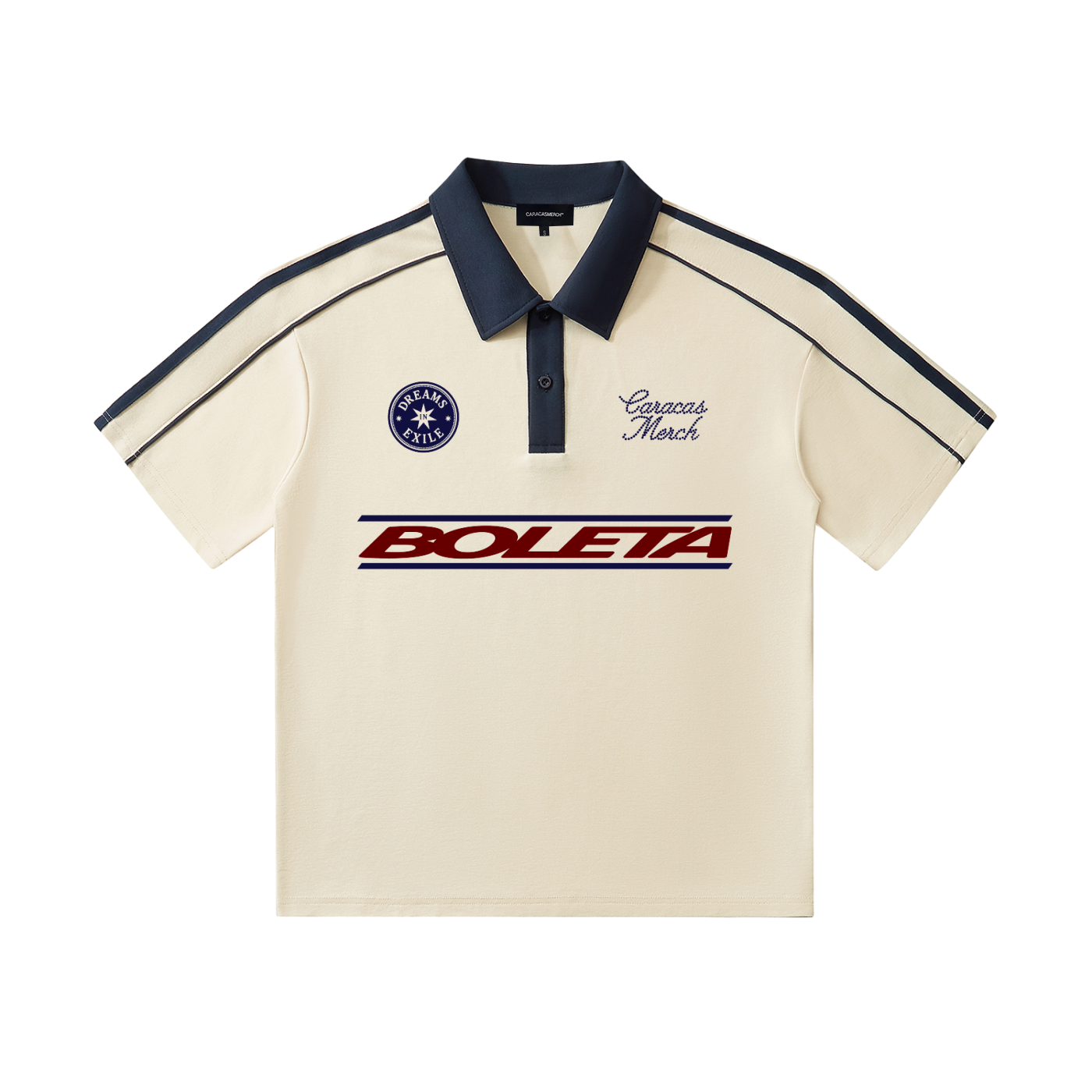 Front view of beige Boleta soccer polo jersey by Caracas Merch