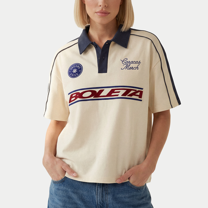 Front view of beige Boleta soccer polo jersey by Caracas Merch