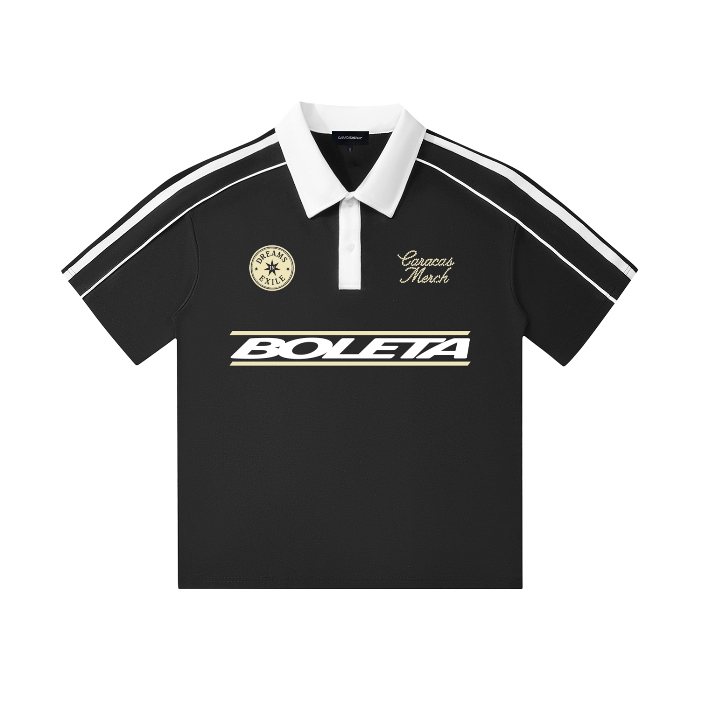 Front flat view of black Boleta soccer polo jersey by Caracas Merch