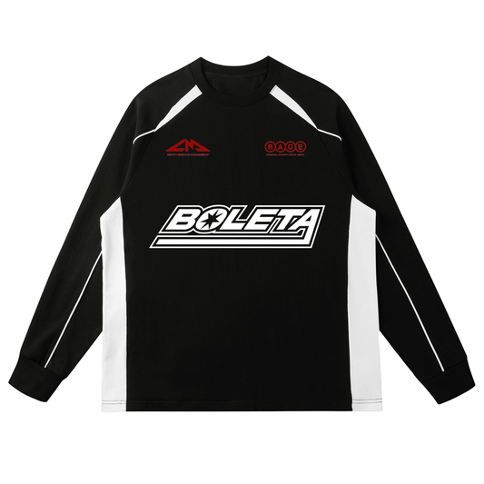 Front view of black Boleta racing long sleeve by Caracas Merch