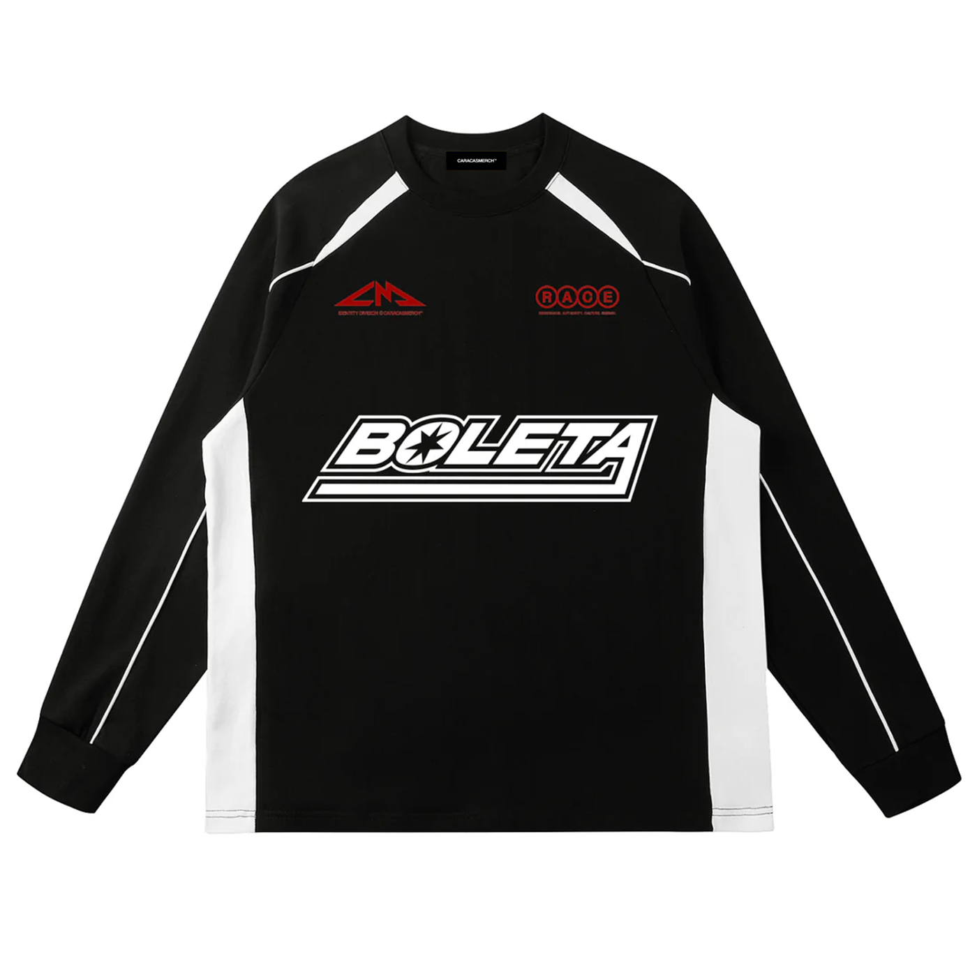 Front view of black Boleta racing long sleeve by Caracas Merch