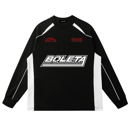 Front view of black Boleta racing long sleeve by Caracas Merch