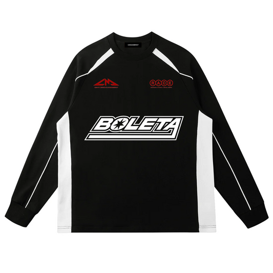 Front view of black Boleta racing long sleeve by Caracas Merch