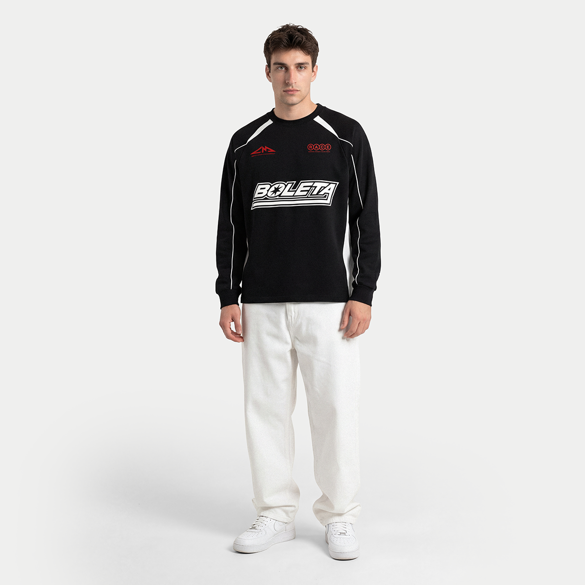 Black Boleta motorsport long sleeve styled with wide pants
