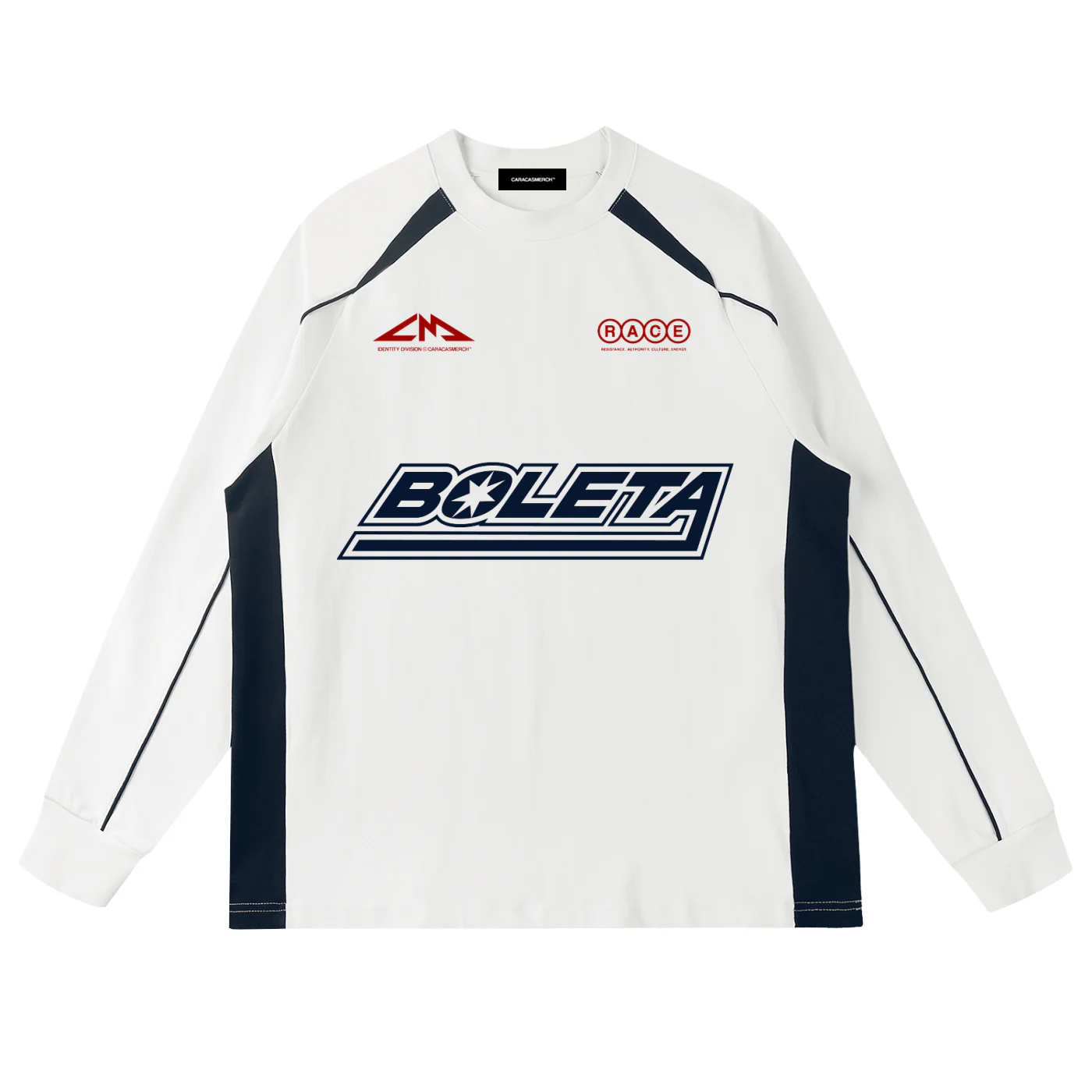 White Boleta motorsport long sleeve shirt by Caracas Merch