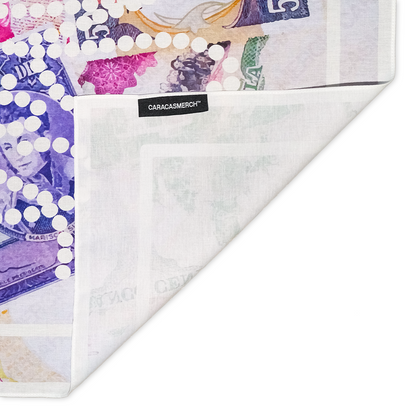 Close up detail of multicolor Venezuelan bolivar bandana with Caracas label