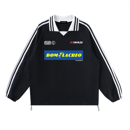 Black sport-style pullover with white stripes and Bom Lacreo graphic