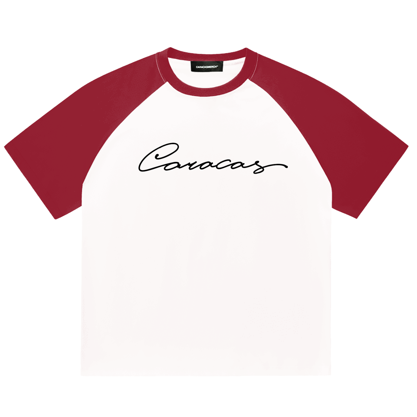 White and burgundy raglan t-shirt with black Caracas script logo