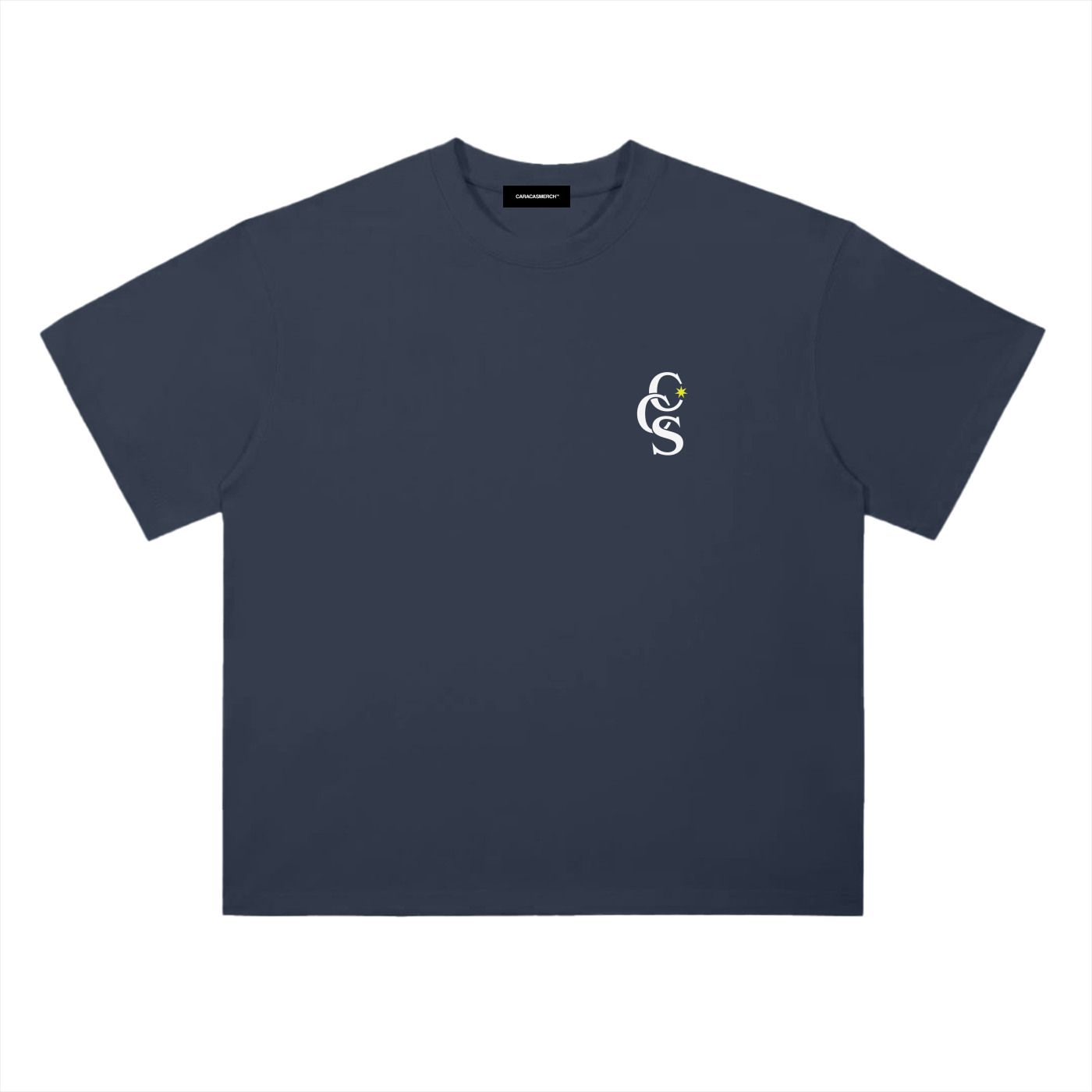 Front flat view of navy CCS classic t-shirt by Caracas Merch