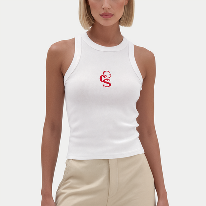 Front view of white CCS classic tank top by Caracas Merch