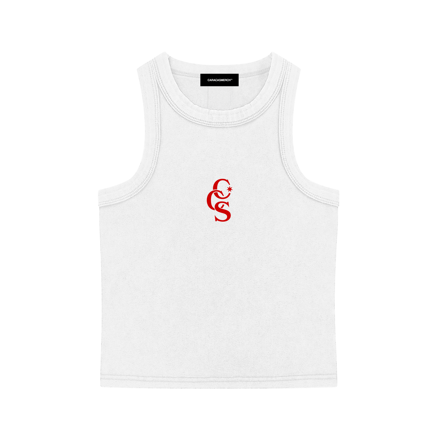 Front flat view of white CCS classic tank top by Caracas Merch