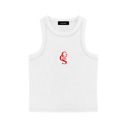 Front flat view of white CCS classic tank top by Caracas Merch