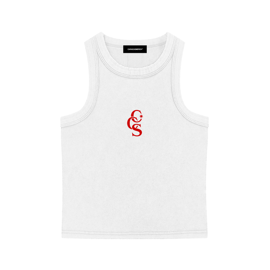 Front flat view of white CCS classic tank top by Caracas Merch