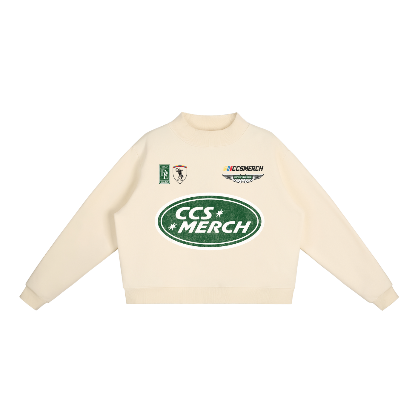 Front view of cream Caracas Merch crewneck with green CCS Merch logo print